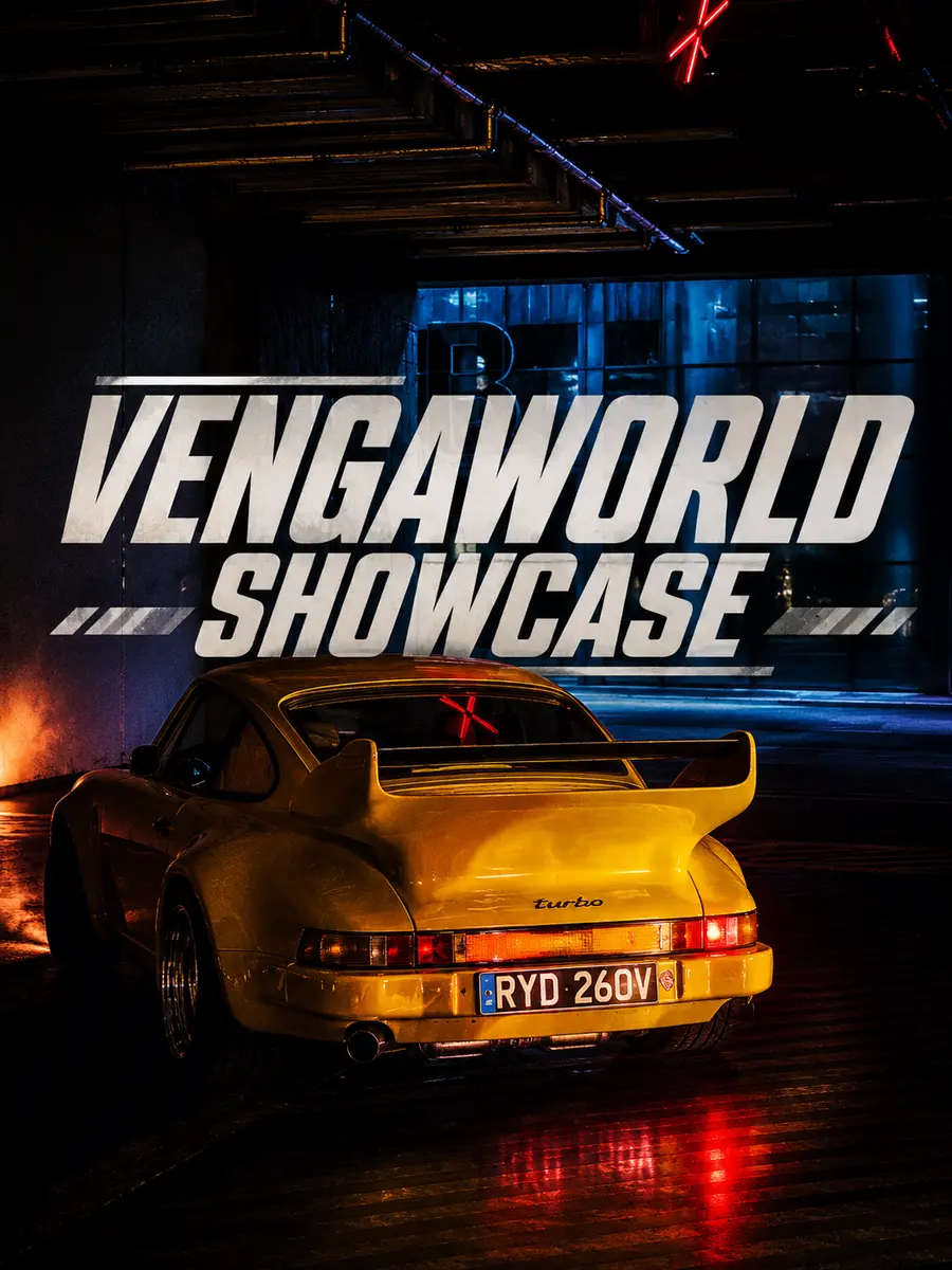 VengaWorld Showcase creative featuring a yellow classic sports car in a dark garage